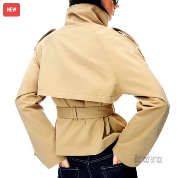 Cropped Trench Coat Double Breasted Belted Jacket Fall Winter Outerwear - Picture 3 of 6